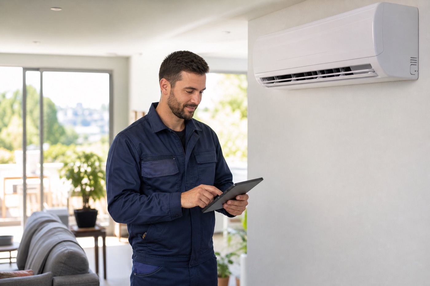 Technicien intervenant sur une unité de climatisation devant une maison de la région Occitanie